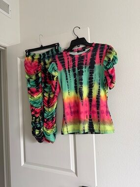 Kids Tie-Dye Ruffle Sleeve Top - Neon Multi
